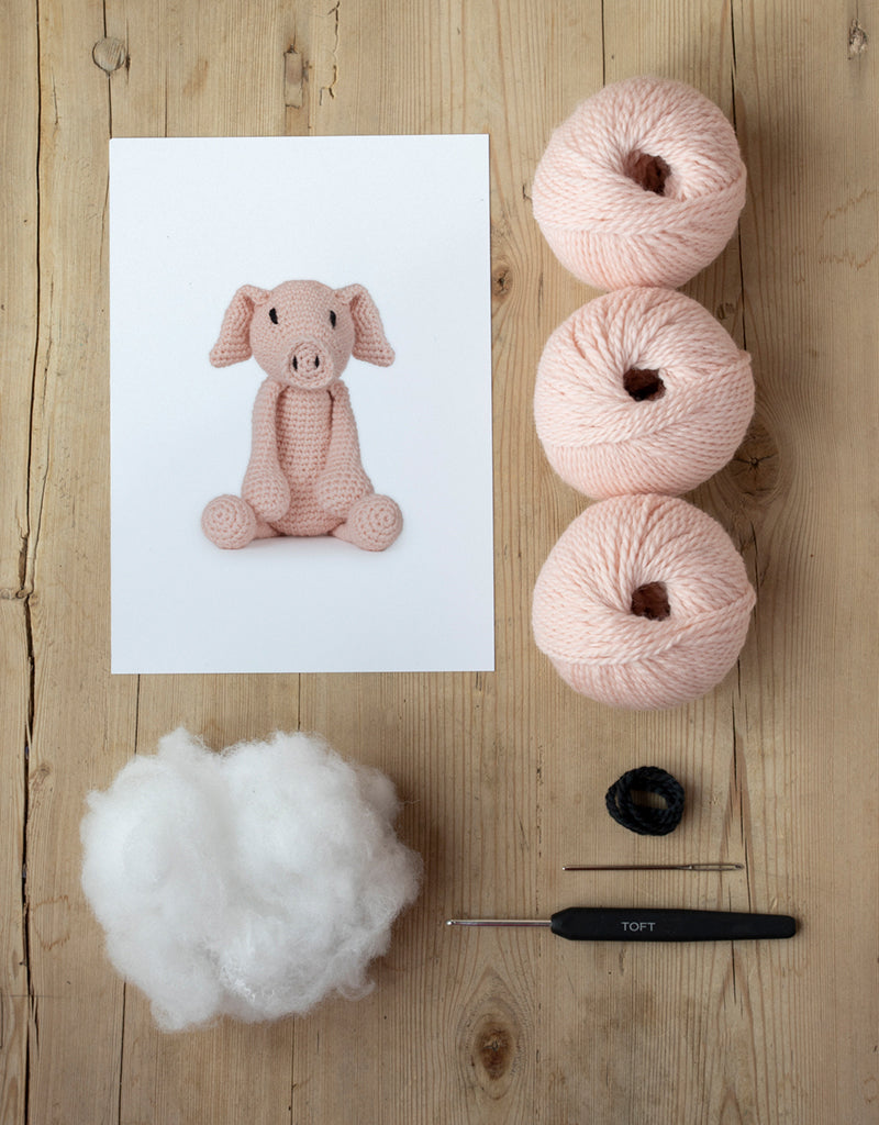This crochet kit includes yarn, stuffing, needle, and crochet hook