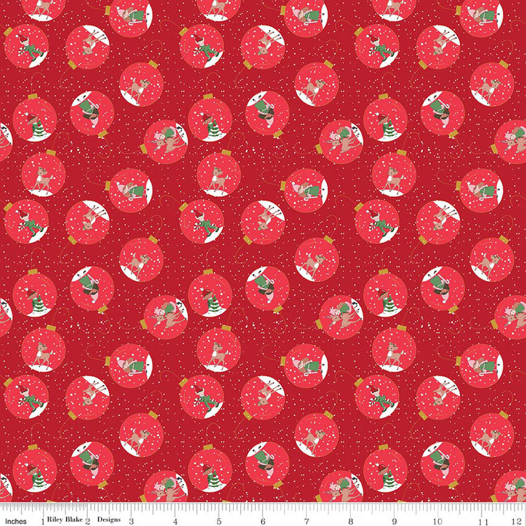 Pattern of Christmas-themed ornaments on a red background with a ruler at the bottom.