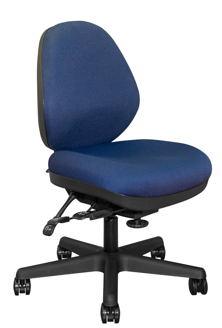 Blue sewing chair with black base on a white background