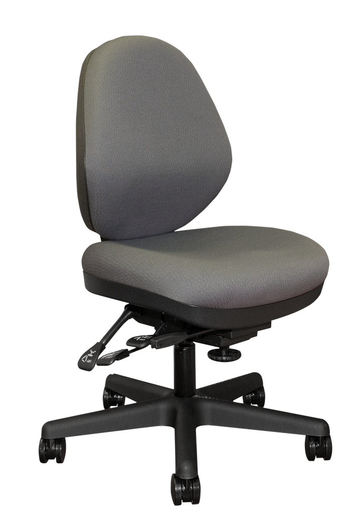 Gray sewing chair with black base on a white background
