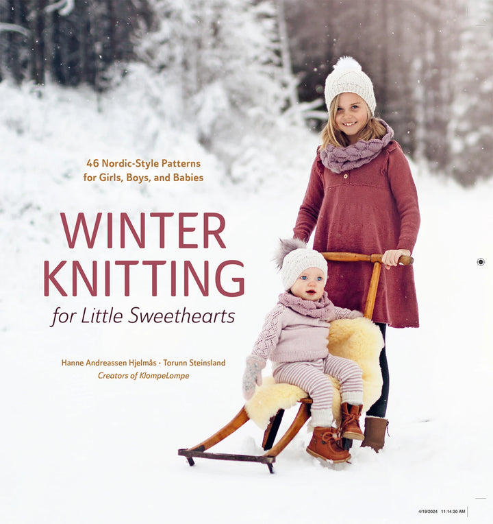 Book cover of 'Winter Knitting for Little Sweethearts' with two children in winter clothing in a snowy forest.