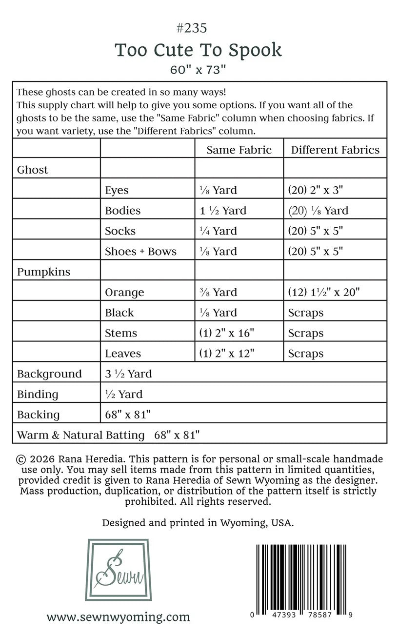 Fabric supply chart for a ghost-themed project with measurements and yardage requirements.