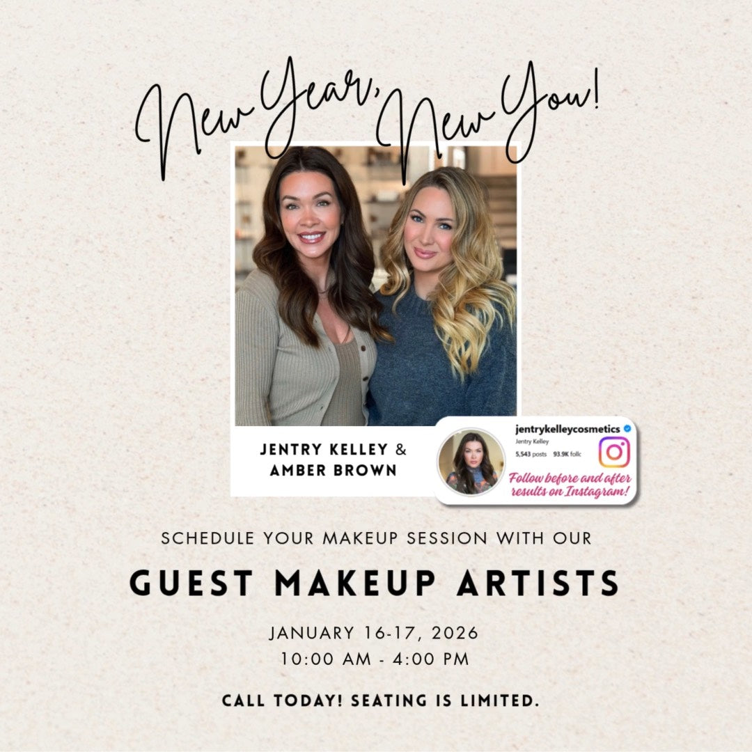 Promotional flyer for makeup session with Jentry Kelley and Amber Brown, featuring two women and contact information.