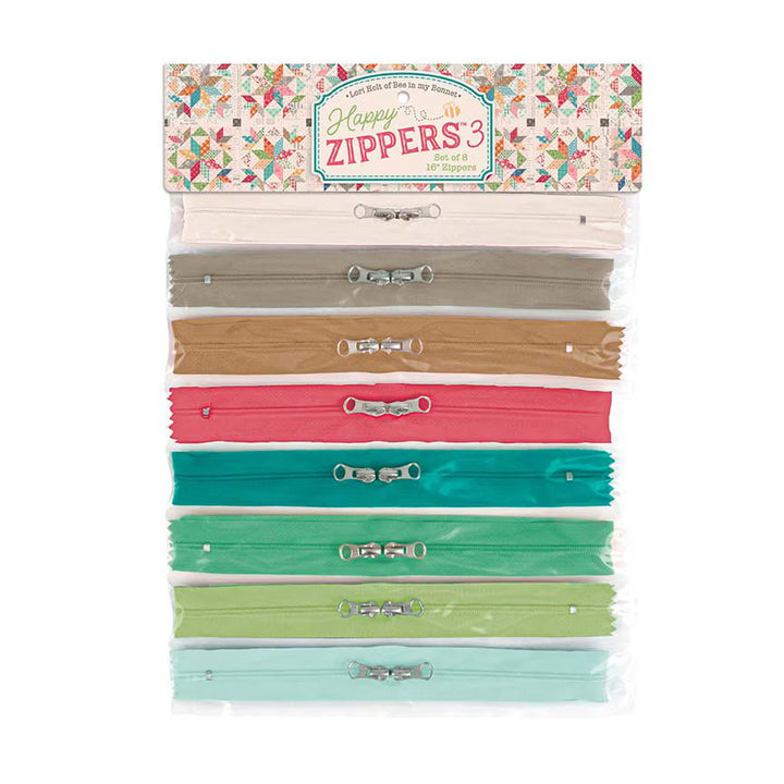 Happy Zippers 3 package shown with bright colored zippers.