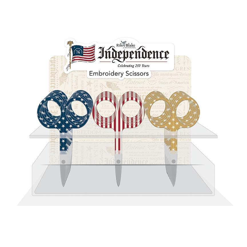 Set of three embroidery scissors with American flag design on a display card, featuring the brand 'Independence'.