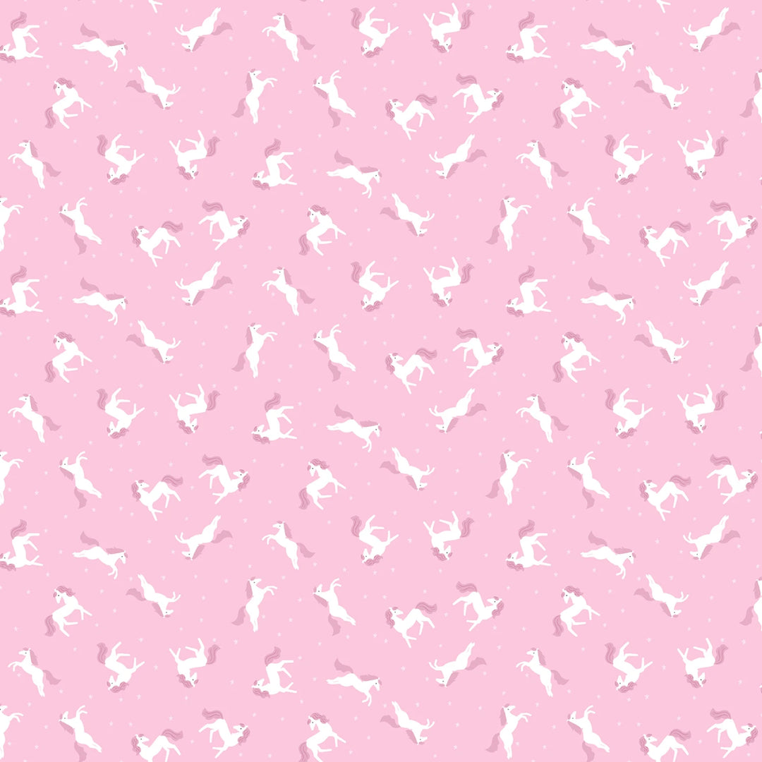 Pattern of white horses on a pink background