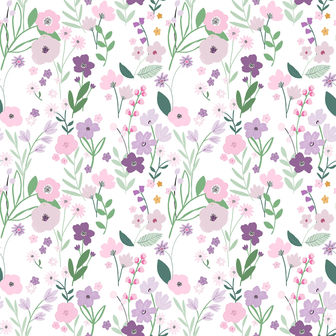 Floral pattern with pink, purple, and green flowers on a white background