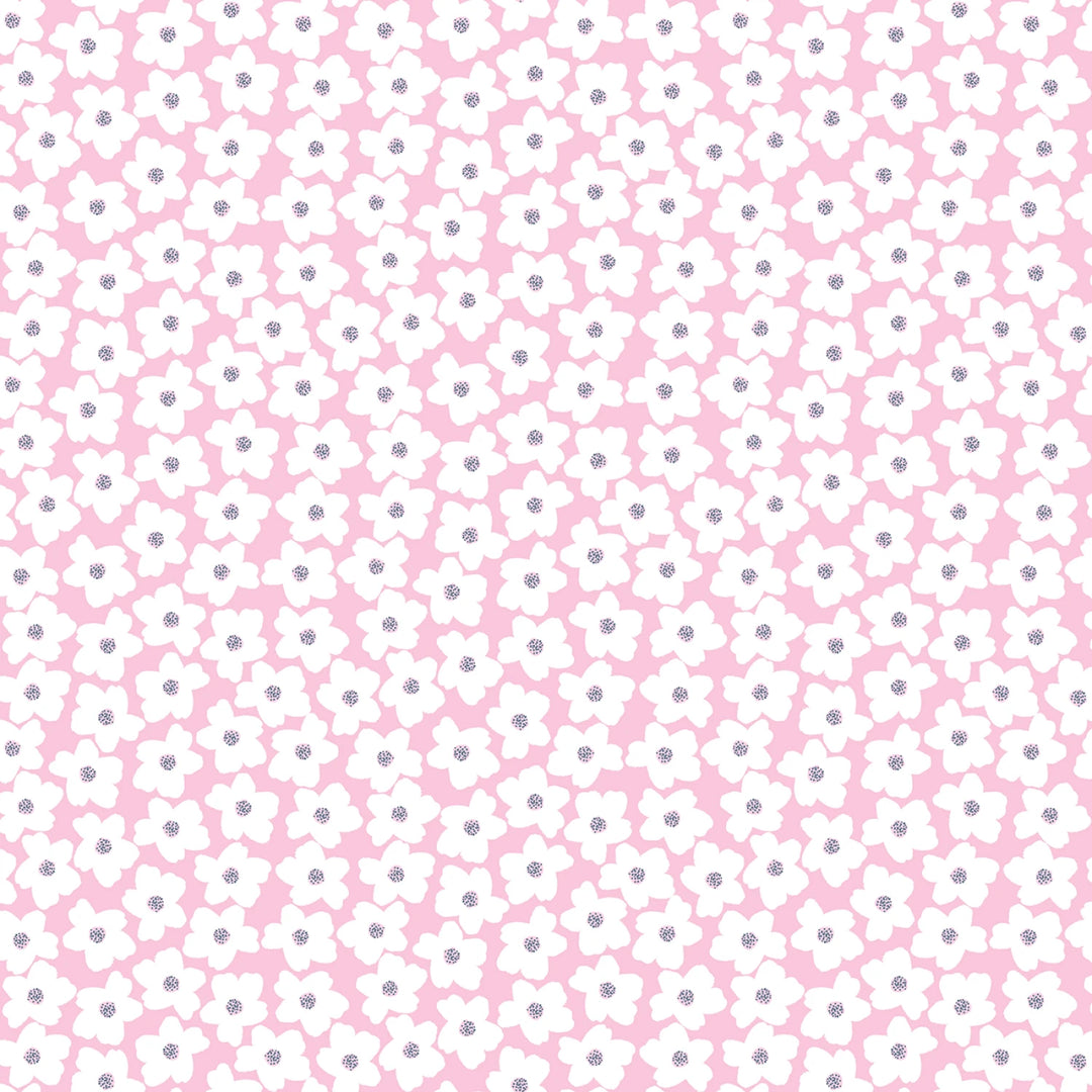 Pattern of small white flowers on a pink background