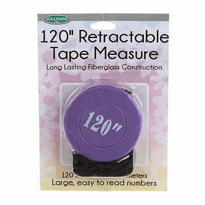 purple retractable tape measure showing 120" printed on the side and with a black cord, in a package