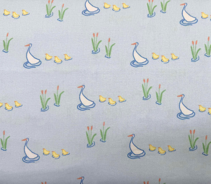 Blue background with mama ducks and baby ducks following behind