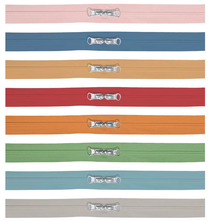 Set of colorful zippers with metal sliders on a white background