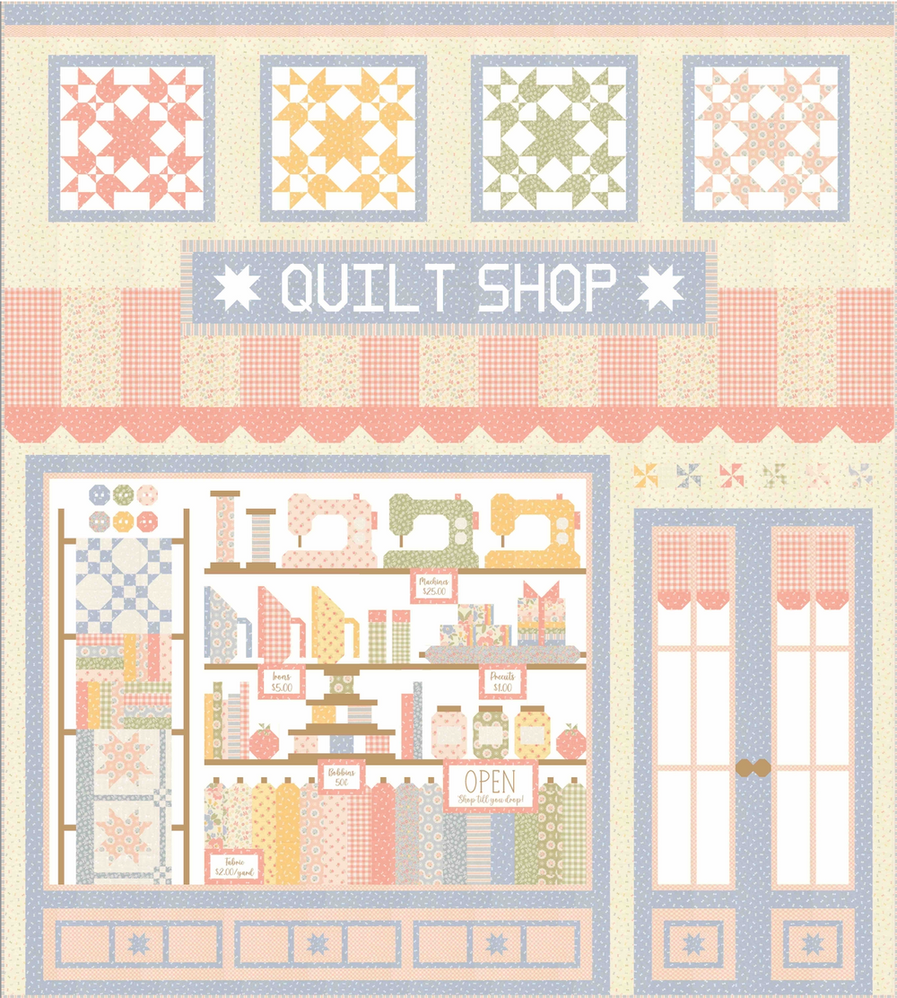 Illustration of a quilt shop with shelves, sewing machines, and patterns.
