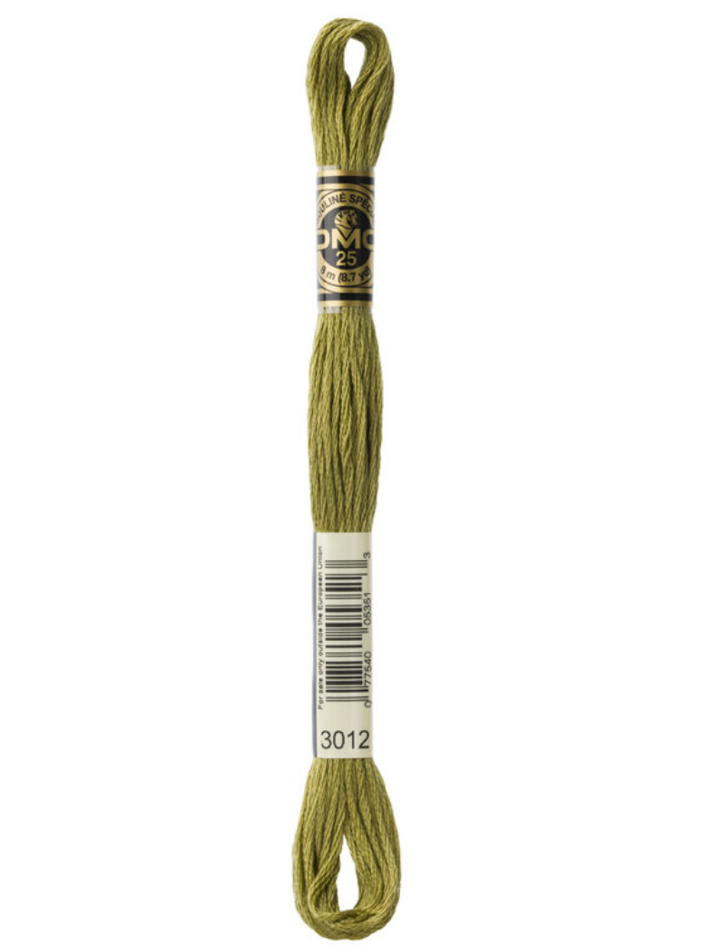 Green embroidery floss skein with a label on a white background