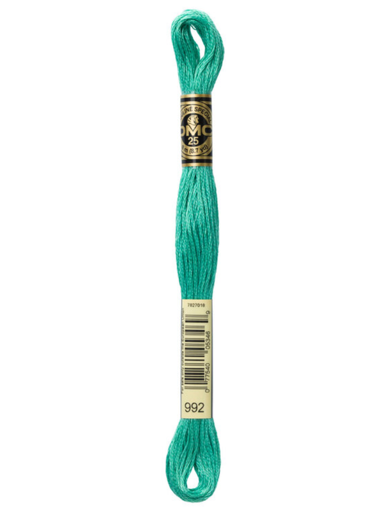 Turquoise embroidery floss skein with DMC label on a white background