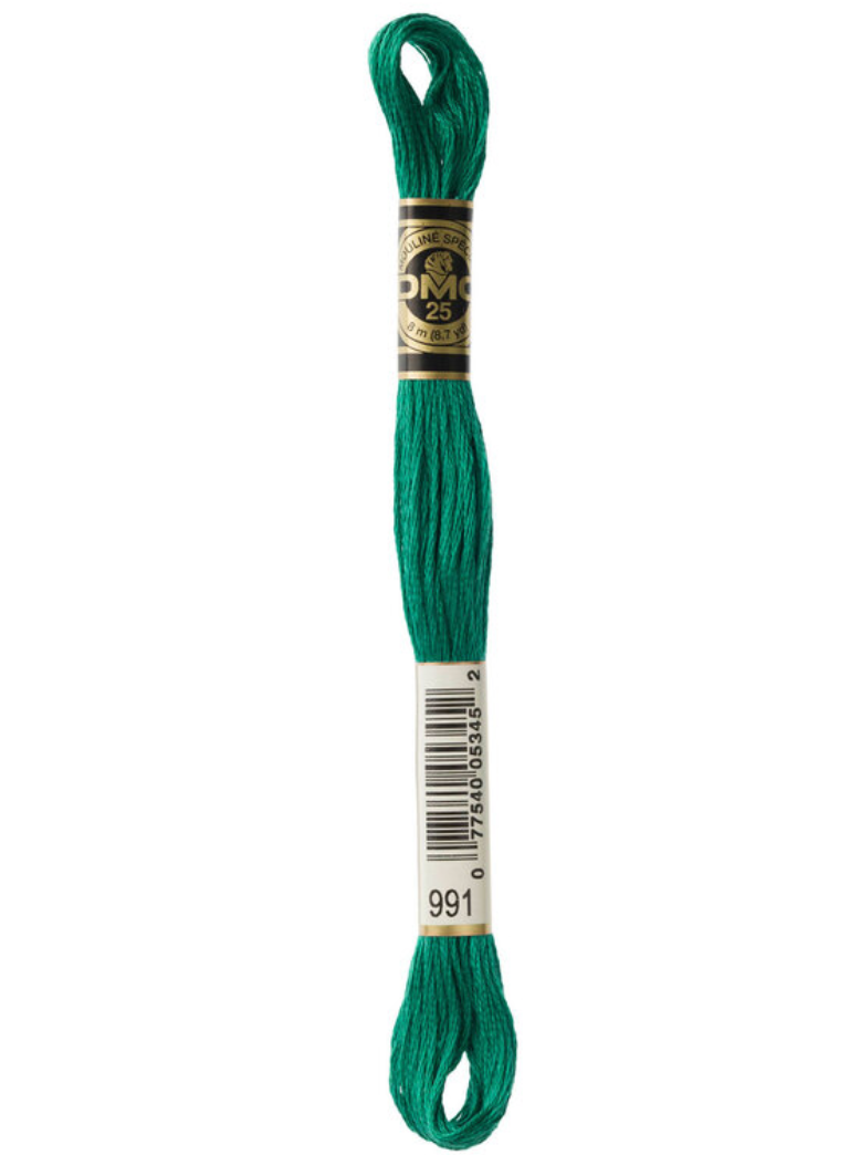 Green embroidery floss skein with DMC label on a white background