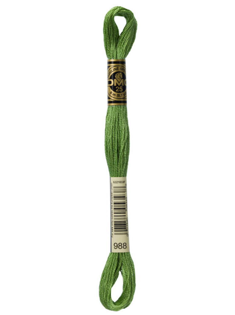 Green embroidery floss skein with a label on a white background