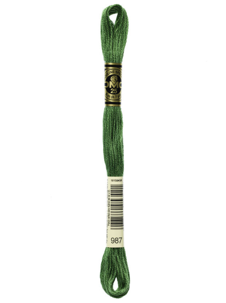 Green embroidery floss skein with a DMC label on a white background