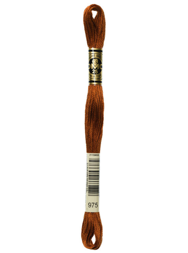 Brown embroidery floss spool with a label on a white background