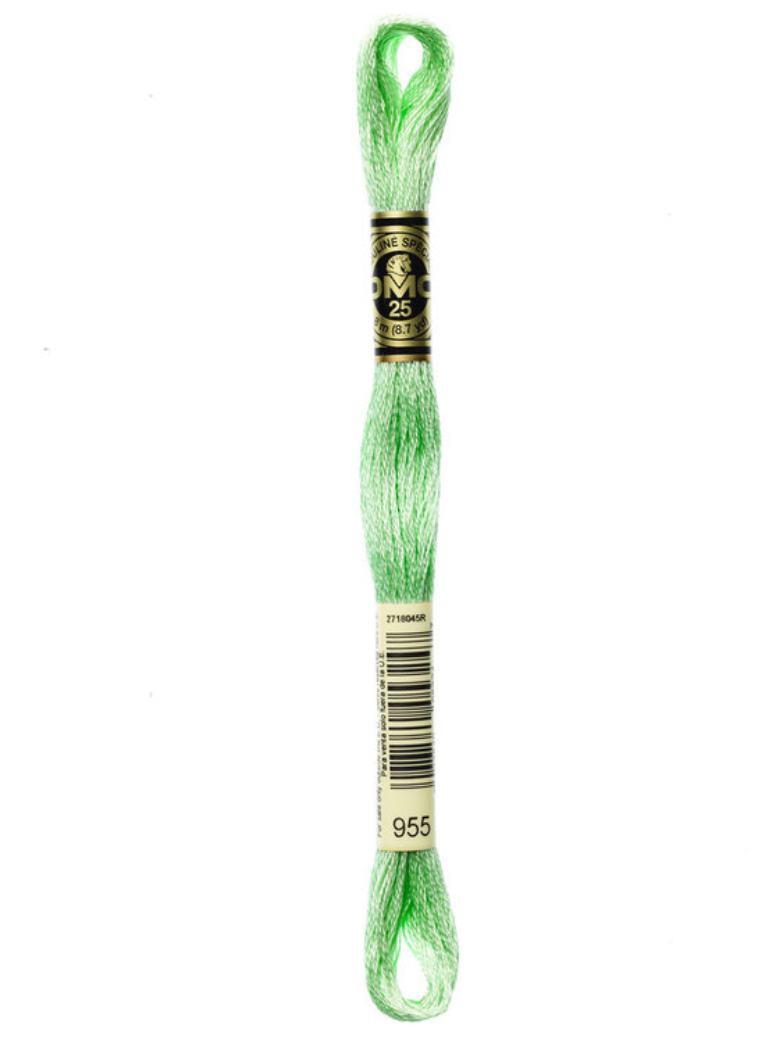 Green embroidery floss skein with a brand label on a white background