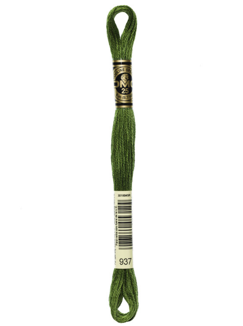 Green embroidery floss skein with a brand label on a white background