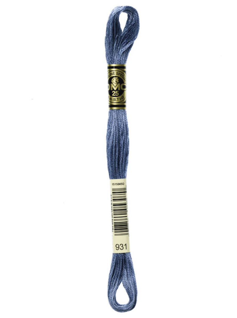 Blue embroidery floss skein on a white background