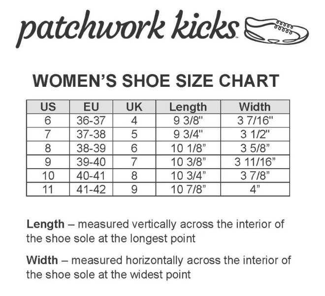 Women's shoe size chart by patchwork kicks with measurements in US, EU, UK, length, and width.