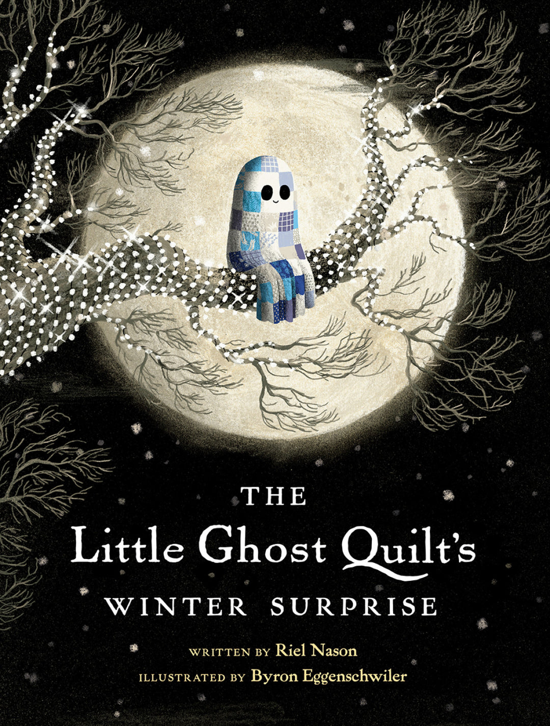 Cover of the book 'The Little Ghost Quilt's Winter Surprise' featuring an illustration of a ghost quilt with polka-dots sitting on a branch against a moonlit sky background.
