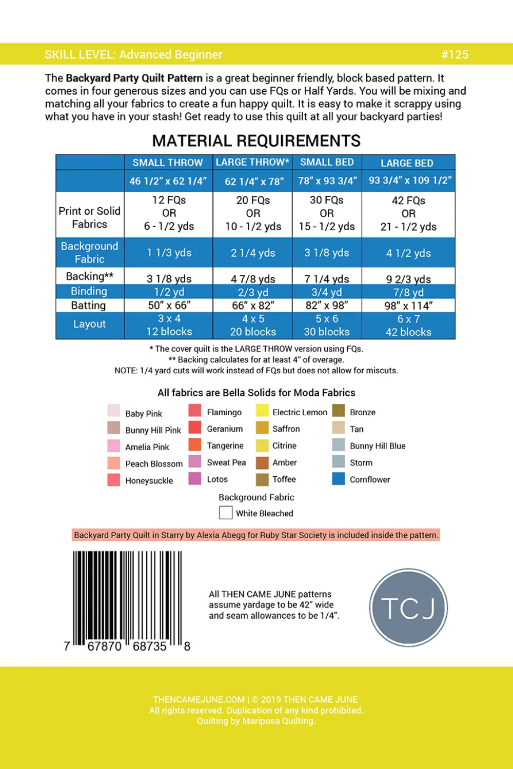 Material requirements chart for a quilt pattern on a yellow background