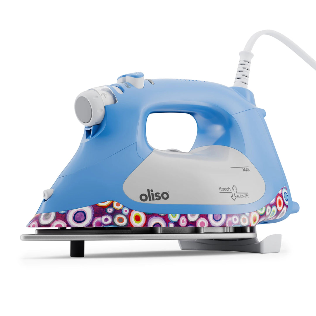 Blue Oliso iron with a colorful soleplate on a white background