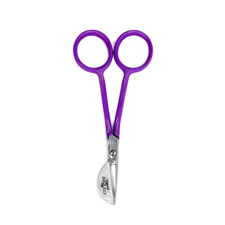 Purple-handled scissors with a visible brand logo on a white background