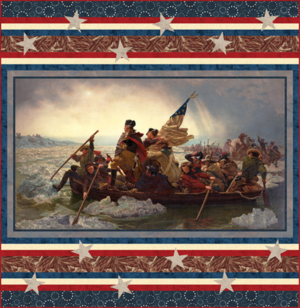 Famous painting of a historical event with a decorative border featuring stars and stripes.