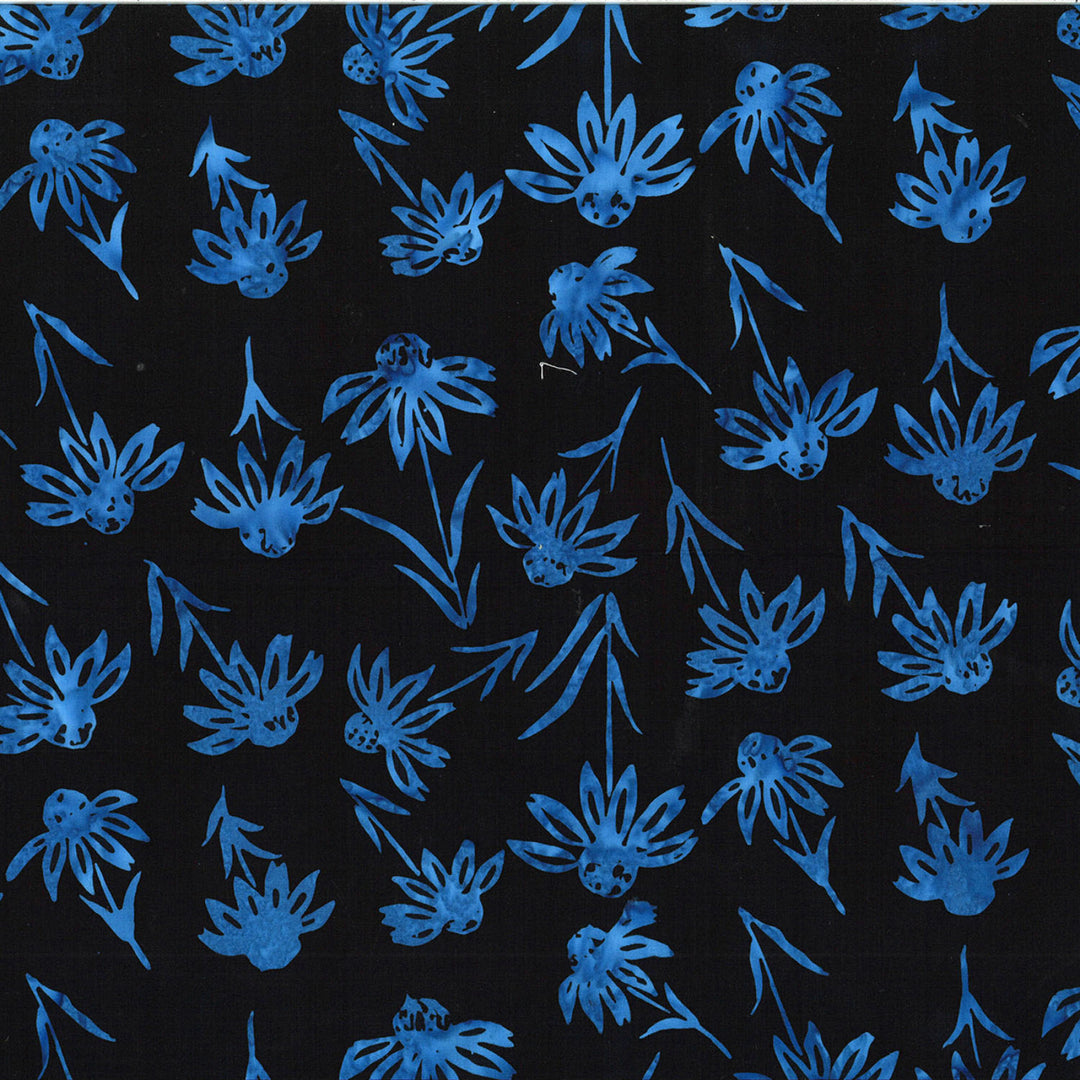 Black Bali Batik fabric with blue flowers