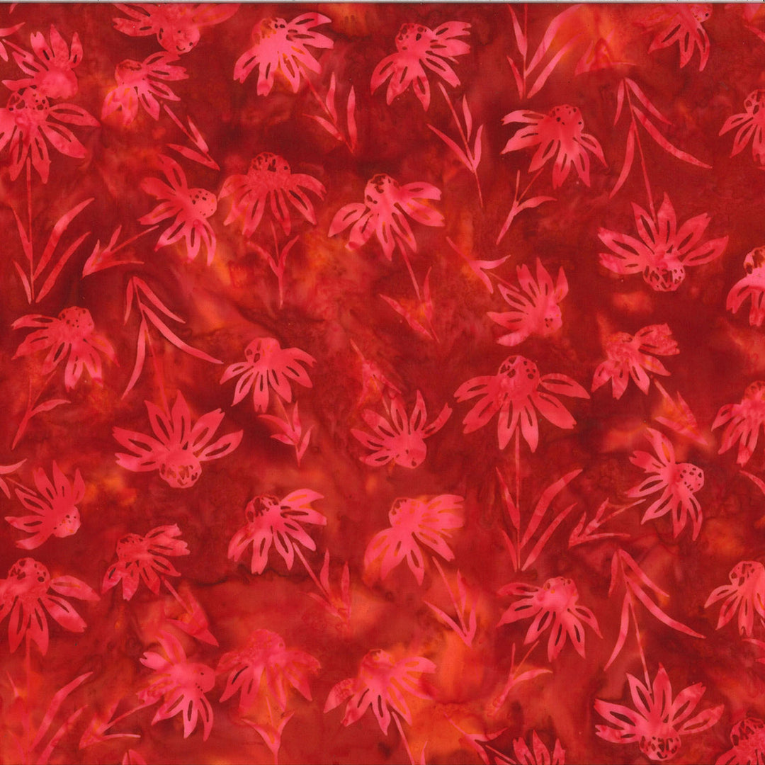 Pomegranate Bali Batik fabric with lighter red flowers