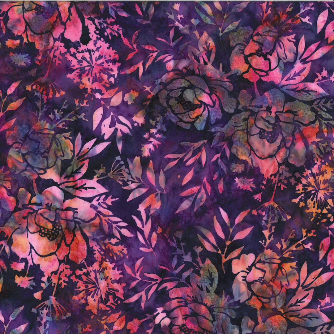 Purple Bali Batik fabric with shades of pink, green, and red flowers