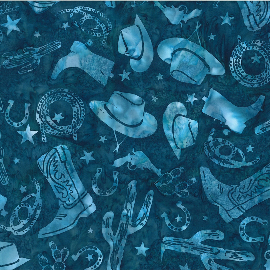Pattern of cowboy hats, boots, and horseshoes on a blue background