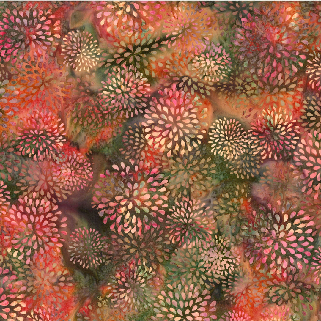 Abstract pattern with floral shapes in pink, green, and orange on a textured background