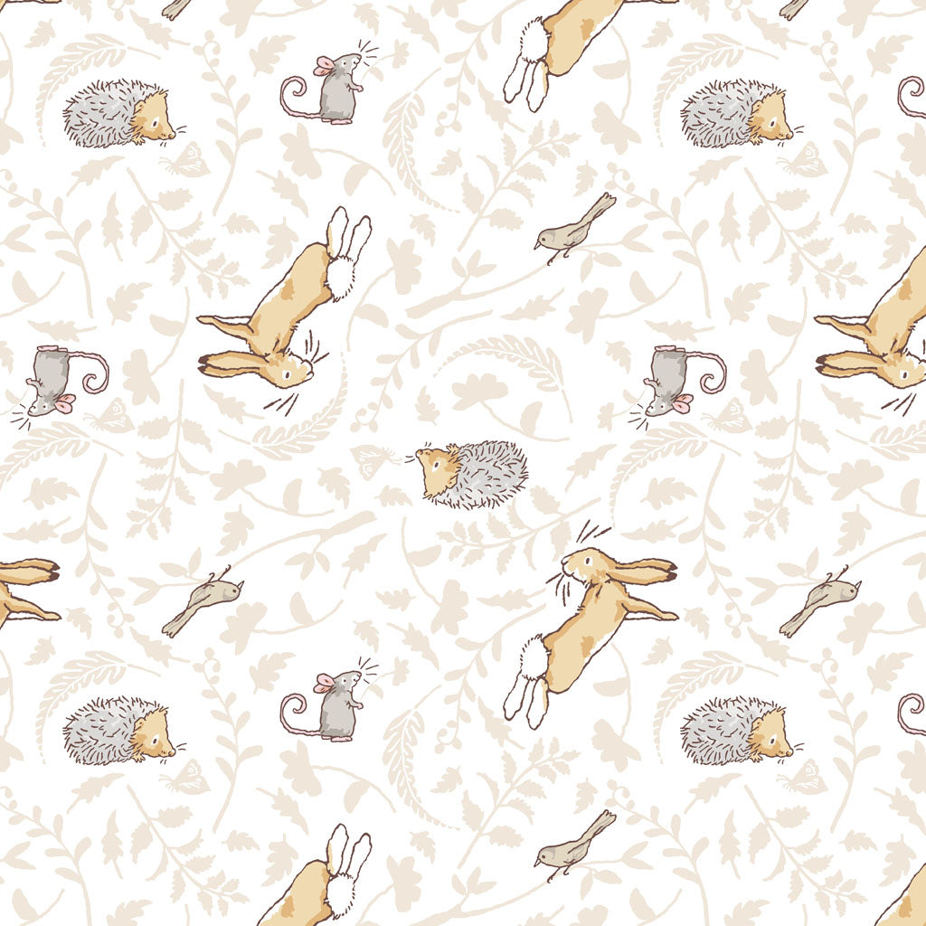 white fabric covered with brown bunnies, mice, hedgehogs, birds and leaf motifs