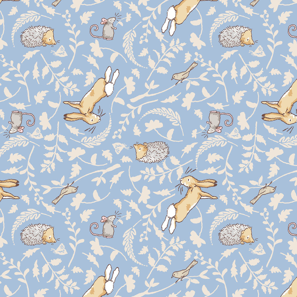 blue fabric covered with brown bunnies, hedgehogs, birds and mice and beige leaf motifs