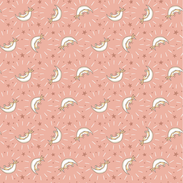 Coral fabric with white half moons with bunnies sitting on them