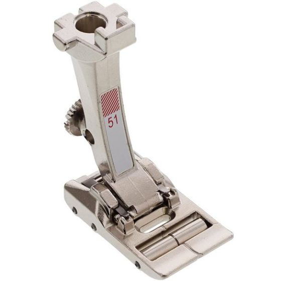 Metal sewing machine presser foot on a white background