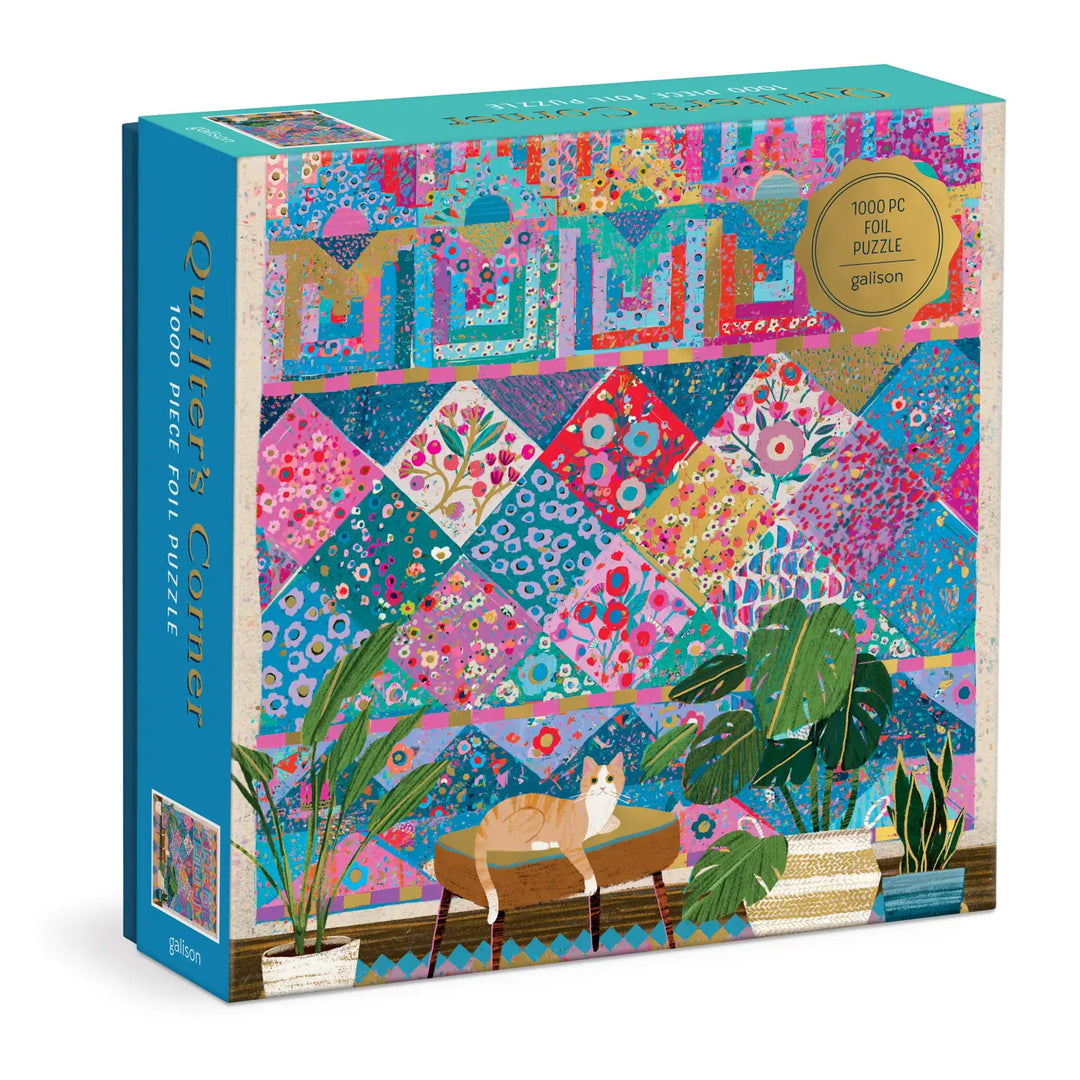 Quilter's Corner puzzle box with colorful quilt design and cat illustration