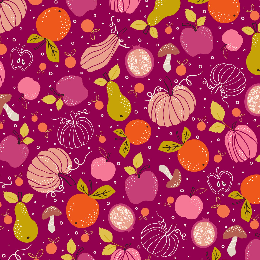 fabric with a bright purple background. brightly colored pumpkins, pears, oranges, mushrooms, apples, and pomegrantes.