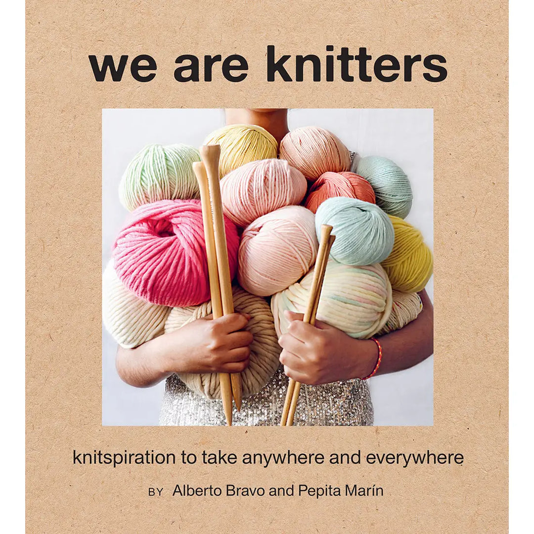 Book cover of 'we are knitters' with colorful yarn and knitting needles on a beige background.