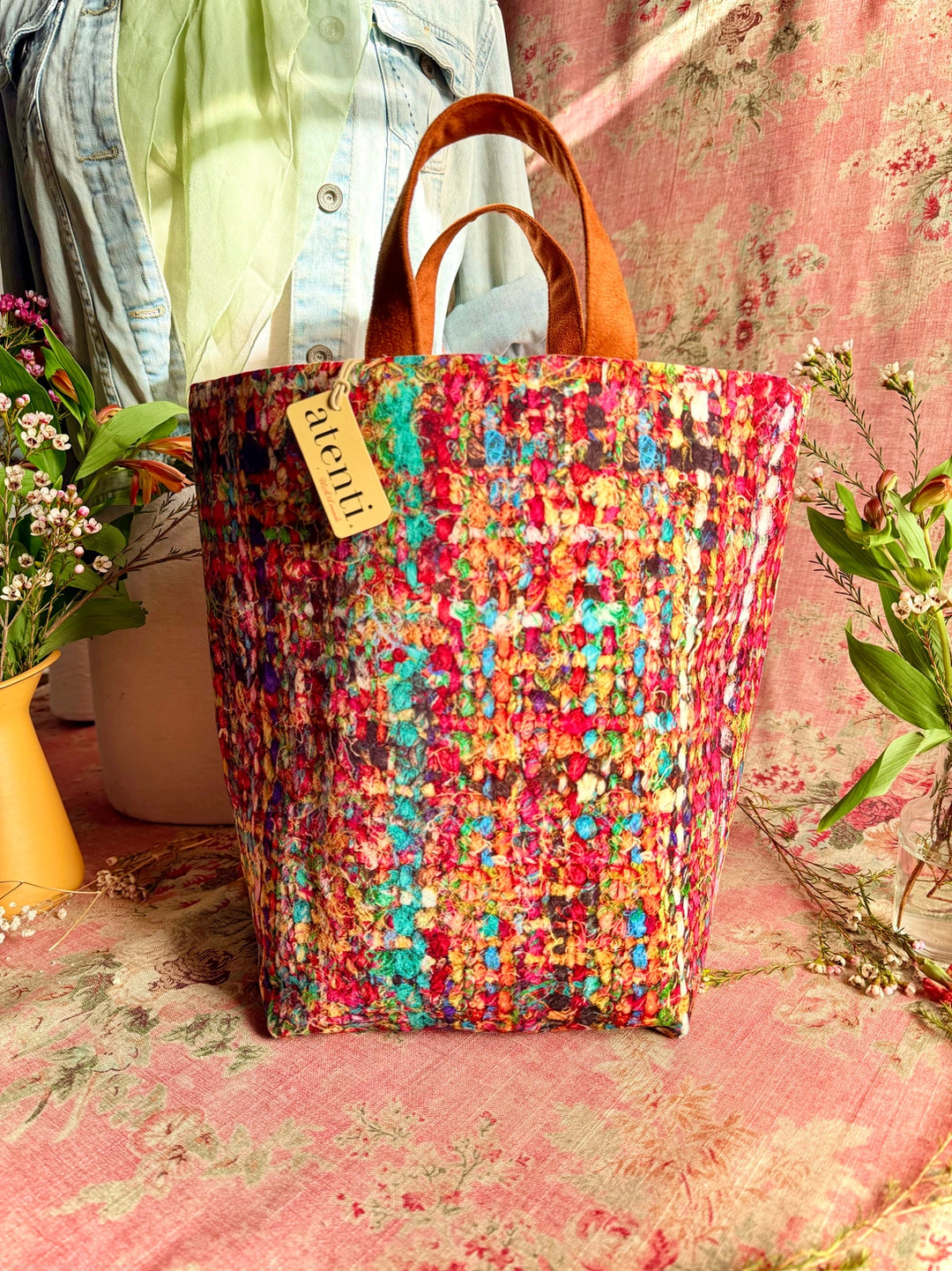 Colorful knit bag with brown handle