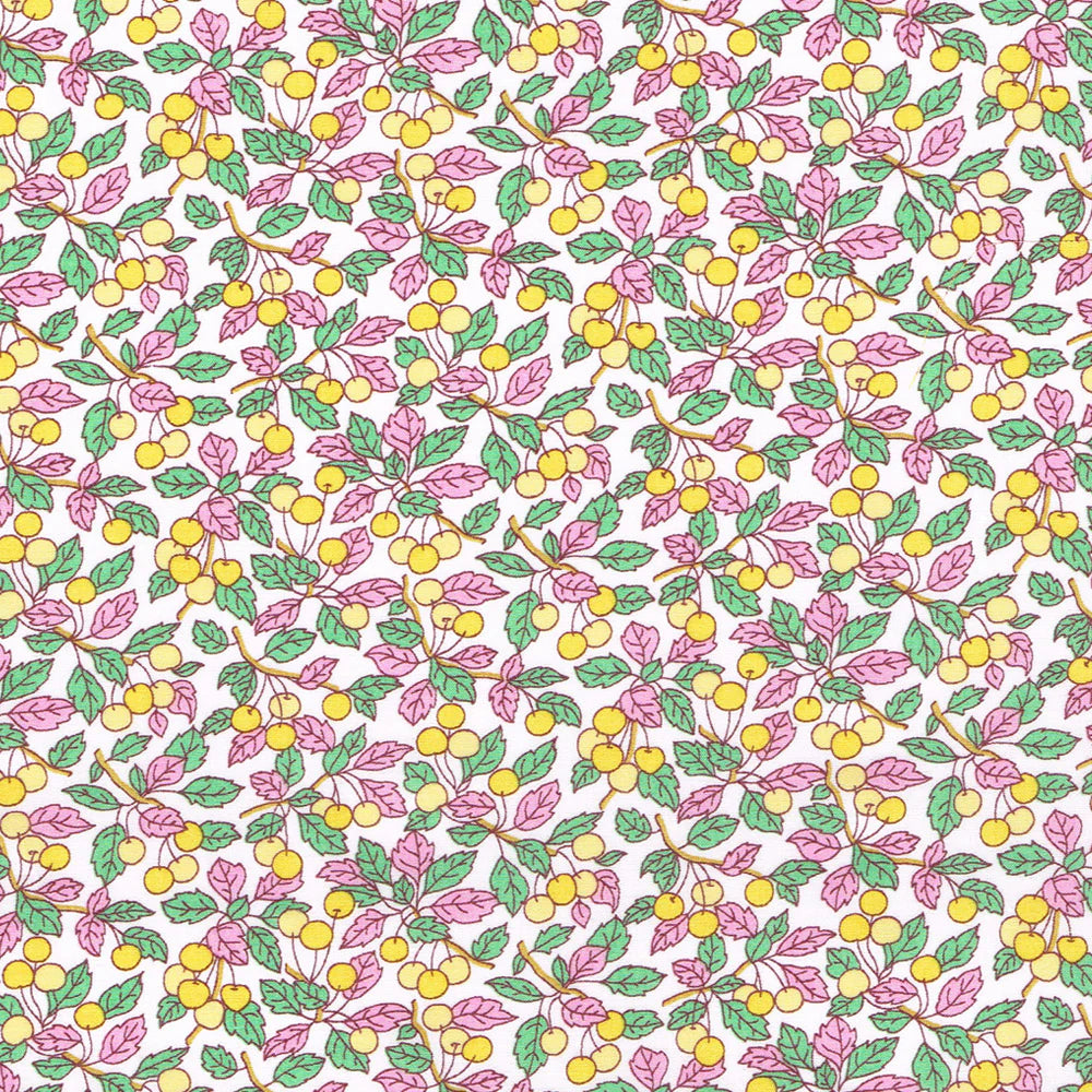 Pattern of pink flowers, green leaves, and yellow berries on a white background