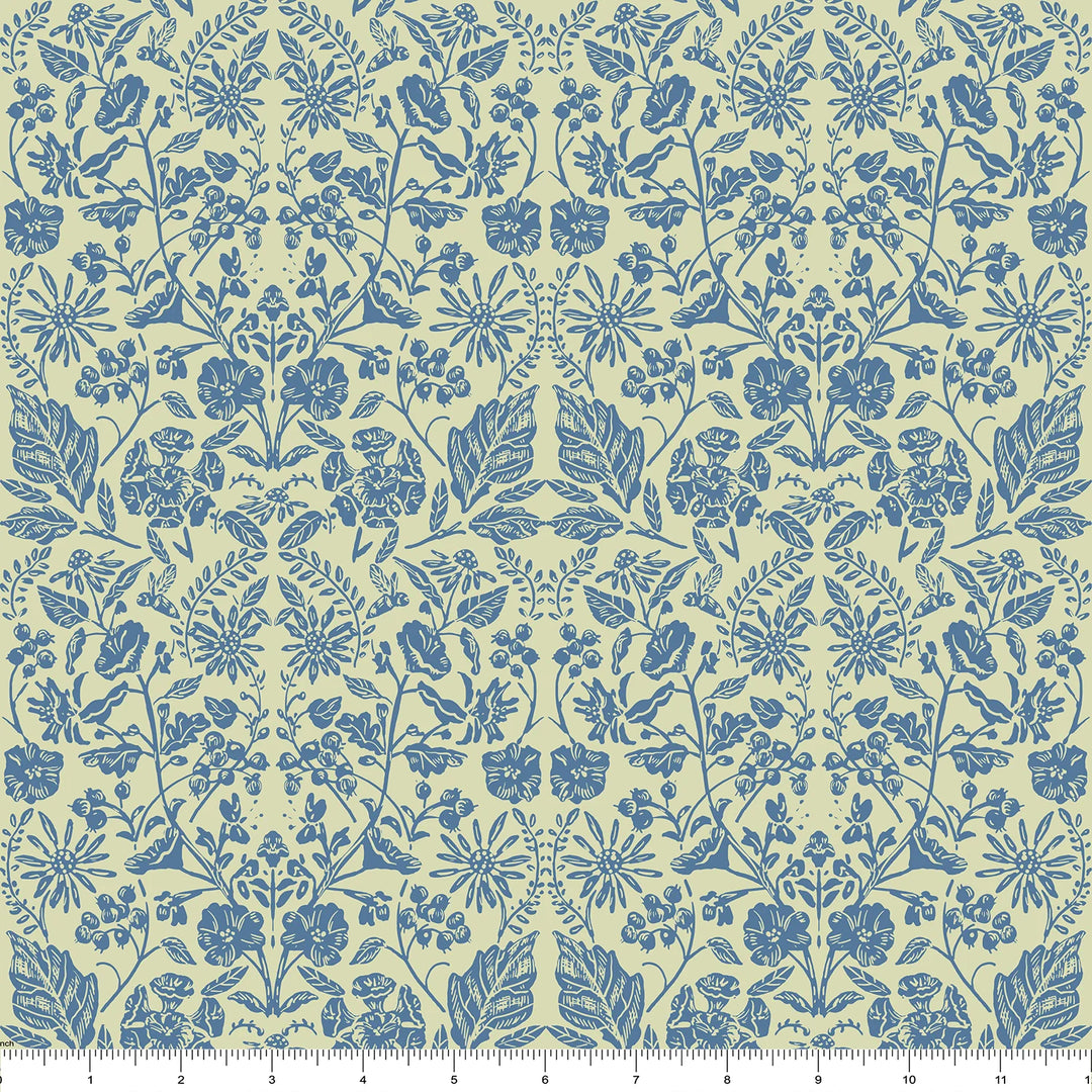 Damask print in blue with flowers