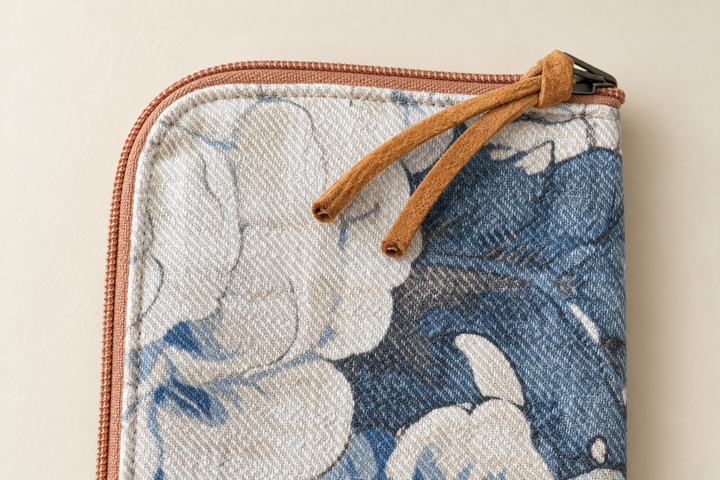 Close-up of a zippered pouch with a blue and white floral pattern, a copper-toned zipper, and two tan suede drawstring loops on a light beige background.