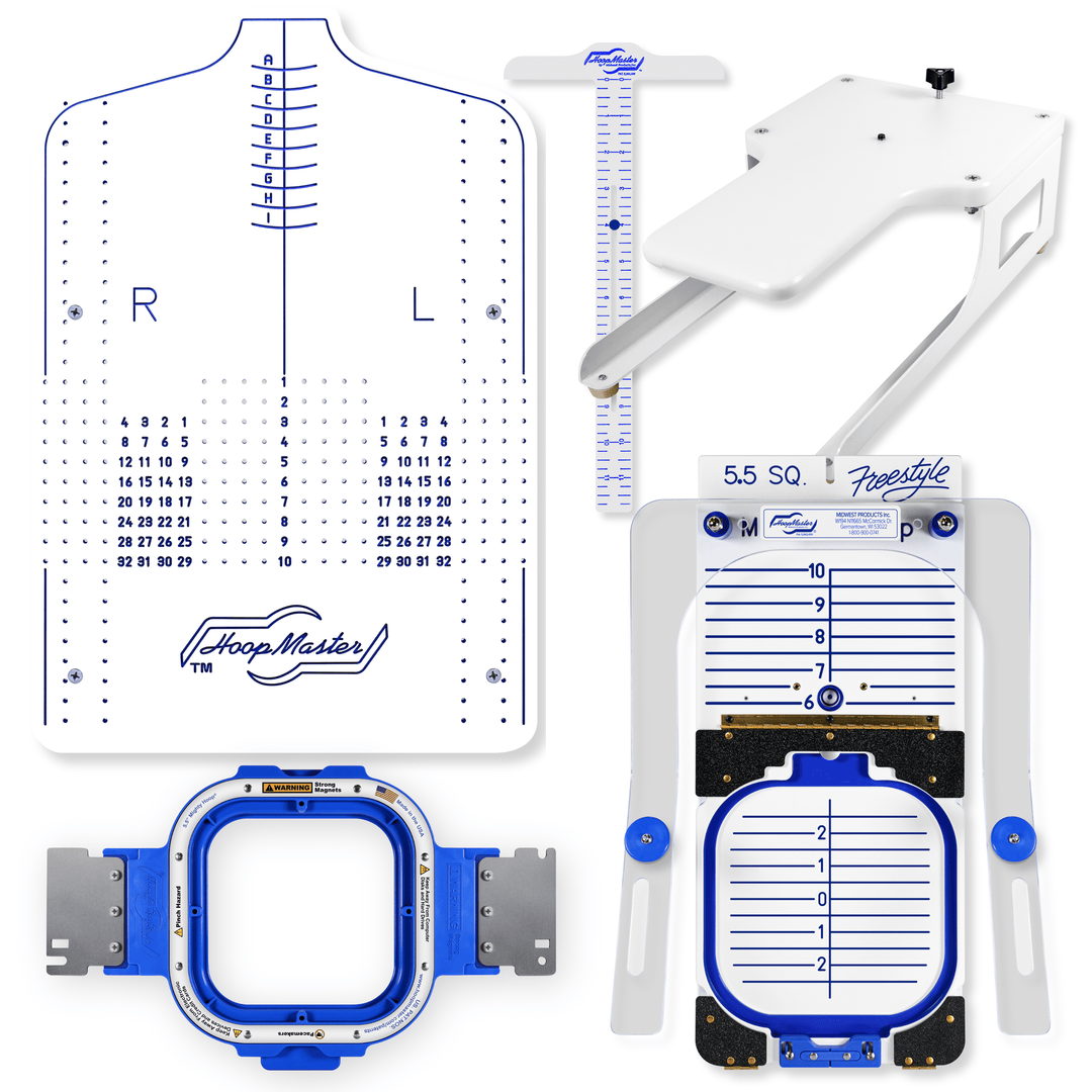 Collection of embroidery hoop measurement tools on a white background
