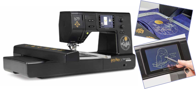 Sewing machine with digital display and embroidery design on screen