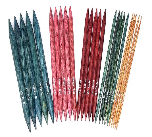 set of 5 wood double pointed knitting needles, shown in multiple sizes and colors